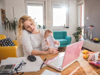 Stressed working mom with baby