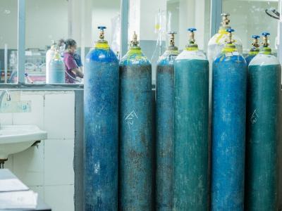 Row of medical oxygen tanks
